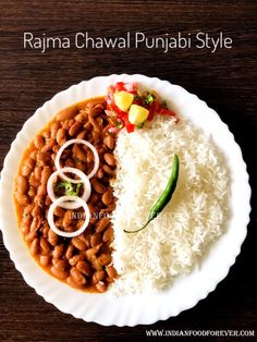 a plate with rice, beans and vegetables on it that says rama chawal pujabi style