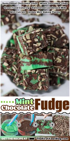 chocolate fudge with green frosting and white chocolate chips in the middle, stacked on top of each other