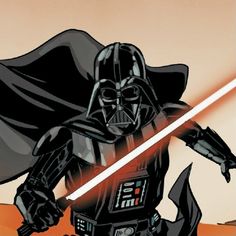 a darth vader is holding a light saber