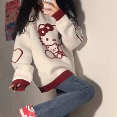 100% Brand New and High Quality. Material: Polyester, Cotton. Size: As shown on size chart. Hello Kitty Outfit, Kitty Clothes, Hello Kitty Clothes, Fluffy Sweater, Trendy Sweaters, Casual Tops For Women, Loose Sweater, Kawaii Clothes