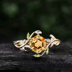 Vintage Hexagon Citrine Engagement Ring Nature Inspired - Etsy Yellow Citrine Engagement Ring, Branch Wedding Ring, Engagement Ring Nature, Citrine Engagement Ring, Citrine Ring Engagement, Nature Engagement Ring, Hexagonal Ring, Anniversary Ring Set, Yellow Engagement Rings