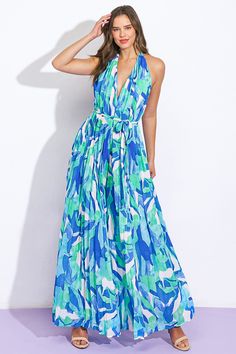 A printed woven jumpsuit featuring plunging V halter neckline, sleeveless, wide leg, self sash tie and bare backDetails:Self : 100% PolyesterLining : 100% PolyesterSize & Fit- Model is 5`8" And Wearing Size Small- Measurements Taken From Size Small- Approx. Length: 58" Sleeveless Tie Waist Jumpsuits And Rompers For Vacation, Blue Summer Halter Neck Jumpsuits And Rompers, Blue Sleeveless Tie Back Jumpsuit, Summer Halter Neck Jumpsuit With Tie Back, Blue Halter Neck Jumpsuit And Romper For Summer, Blue Halter Neck Jumpsuit For Summer, Blue Halter Neck Summer Jumpsuit, Halter Neck Maxi Dress With Tie Waist For Vacation, Summer Maxi Jumpsuits And Rompers With Tie Waist