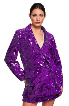 The power of purple sequins can not be underestimated, as this party-ready jacket clearly proves. Double-breasted button closure Shawl collar Front flap pockets Lined 100% polyester Dry clean Imported Asian & Pacific Islander Owned/Founded Pacific Islander, Purple Fits, Sequin Blazer, Nordstrom Store, Signature Design, Shawl Collar, Double Breasted, Shawl, Sequin