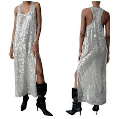 Zara Metallic Silver Sequin Racerback Relaxed Fit Sleeveless Maxi Evening Dress Sleeveless Midi Dress With Round Neck. Sequin Appliqus. Racer Back Top Relaxed Oversized Fit Maxi Length Ptp 18.5" Length 54" Silver 2712/246 Brand New With Tags Silver Shimmer Dress, Zara Sequin Dress, Sequinned Dress, Zara Maxi Dress, Shimmer Dress, Sequin Midi Dress, Staple Wardrobe Pieces, Sleeveless Midi Dress, Maxi Dress Evening