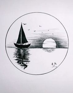 a black and white drawing of a sailboat in the water with birds flying around