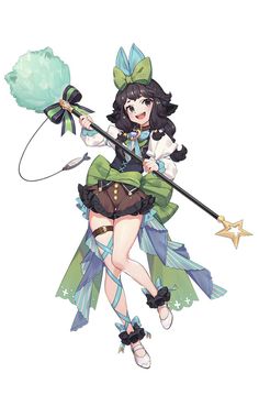 an anime character is flying through the air holding a wand and wearing a green outfit