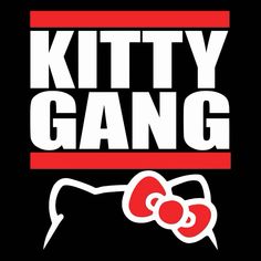 the logo for kitty gang with a red bow on it's head and words that say