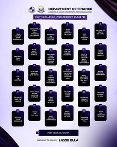 a large poster with the names and dates of different events in purple, black and white