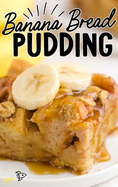 banana bread pudding on a white plate with bananas