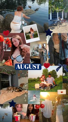 a collage of photos with the words august written in blue and surrounded by images of people