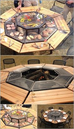 an outdoor table made out of wood and grills