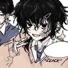 two anime characters one with black hair and the other wearing a white collared shirt