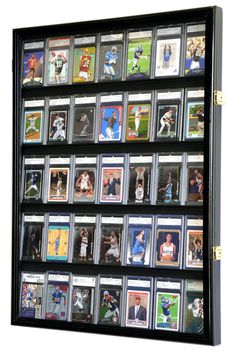 a display case filled with lots of baseball cards