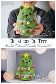 the crocheted christmas cat tree is made from yarn and has a teddy bear on it