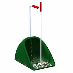 a green shovel holder with two red and white poles sticking out of it's sides