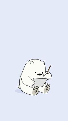 a polar bear sitting on the ground holding a pen and paper