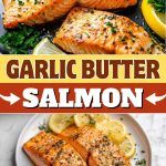 garlic butter salmon on a plate with lemons and parsley