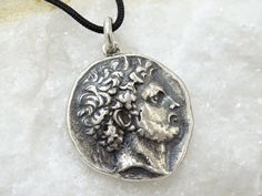 Very rare and absolutely hand carved Perseus sterling silver big coin necklace, Amphipolis rare coin pendant, Big protection coin, Powerful lucky jewelry, Greece coinage, precious coin. Kings of Macedon. Perseus, 179-168 BC. Tetradrachm (Silver, 25.5 mm, 14gr.), of Attic weight, Pella or Amphipolis, c. 173-171. Diademed head of Perseus to right. Rev. ΒΑΣΙΛΕΩΣ ΠΕΡΣΕΩΣ Eagle with spread wings standing right on thunderbolt; above and to right, monogram of ΖΩ; between legs, monogram of ΛΩ; all withi Handmade Silver Coin Necklace With Symbolic Style, Handmade Symbolic Coin Pendant Necklace, Handmade Sterling Silver Medallion Coin Necklace, Handmade Symbolic Pendant Coin Necklace, Handmade Silver Coin Medallion Necklace, Sterling Silver Amulet Coin Necklace, Ancient Style Silver Round Necklaces, Silver Ancient Style Necklace With Round Pendant, Handmade Sterling Silver Coin Pendant Necklace