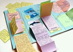 an open book with sticky notes attached to the pages and two dolphins on top of it