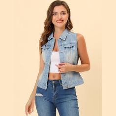 The denim vest is a timeless classic that every woman should have in her wardrobe. Its turn-down collar and single-breasted design make it a versatile piece that can be effortlessly paired with any outfit. Whether you're looking to add an extra layer to your casual street-style basics or dress up your favorite shorts, dresses, or skirts, this denim vest is the perfect choice. Its easy-to-wear and style features make it a must-have for any fashionable woman. Light Wash Denim Vest With Button Closure, Women's Vests, Style Basics, Jacket Vest, Washed Denim, Casual Street Style, Denim Vest, Timeless Classic, Denim Wash