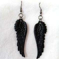 Black Angel Bird Wing Earrings Gothic Halloween Black Halloween Earrings Gift, Handmade Black Gothic Earrings, Handmade Black Halloween Earrings, Black Single Earring For Halloween, Black Nickel-free Earrings For Party, Nickel-free Black Earrings For Party, Black Drop Earrings For Halloween, Black Halloween Party Earrings, Black Gothic Pierced Earrings