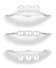 three different views of the same object, each with its own vanishing line and perspective