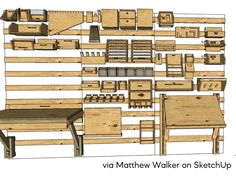 a drawing of a wooden bench and table with drawers on each side, along with other woodworking plans