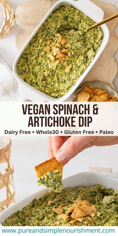 vegan spinach and artichoke dip recipe in a white bowl