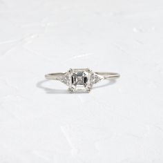 |14k White Gold Asher Cut Engagement Ring, Triangle Engagement Ring, Asscher Cut Engagement Ring, Asscher Cut Engagement Rings, Asscher Cut Ring, Melanie Casey, Gia Certificate, Arrow Ring, Basket Setting