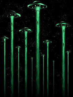 an image of some green lights in the night sky with stars and space behind them