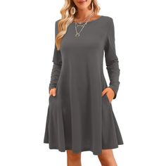 Fancyglim Women's Long Sleeve T-Shirt Dress Casual Swing Dress with Pockets A versatile addition to your wardrobe, this women's crew neck casual swing dress is a soft and cozy choice for every day wear across different seasons. The women's sundress loose fit that won't fit snugly against the body and elegantly hangs down to the knees, providing ample coverage. This short dress has a versatile and minimalist style, suitable for wearing at home or on business trips, and its slim flared shape compl Women's Sundress, Dresses For Women Long Sleeve, Loose Mini Dress, Shirt Dress Casual, Long Shirt Dress, Long Sleeve Shirt Dress, Women Trends, Dress With Pockets, Minimalist Style