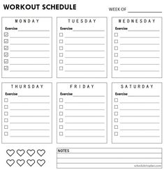 the printable workout schedule is shown in black and white, with hearts on it