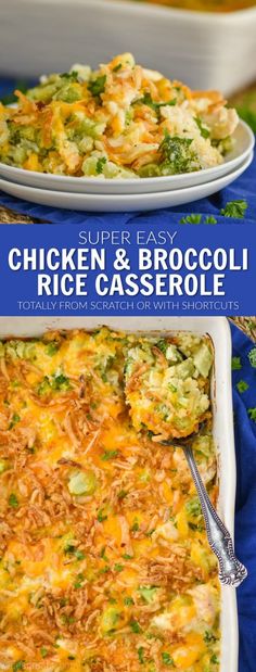 chicken and broccoli rice casserole in a white dish