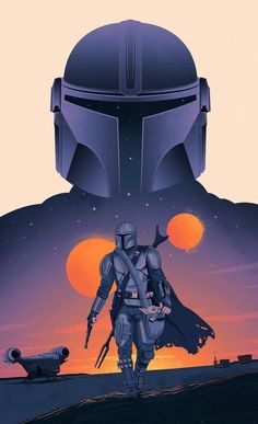 the poster for star wars is shown in front of a sunset and a man with a helmet