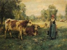 a painting of a woman standing next to two cows in a field with trees and grass