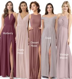 four bridesmaid dresses with different colors and names on the front, side, and back