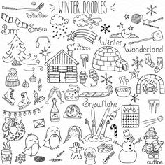 the winter doodles are drawn in black and white