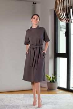 Casual Chic Spring Dress with Belt and Pockets, women pregnancy / maternity dress, plus size, minimalist dress, wrap over belted dress Casual Knee-length Midi Dress For Maternity, Casual Knee-length Maternity Dresses, Spring Maternity Dress, Nursing-friendly, Spring Nursing-friendly Maternity Dress, Daywear Nursing-friendly Maternity Dress, Plus Size Tips, Casual Chic Spring, Beautiful Maxi Dresses, Bamboo Clothing