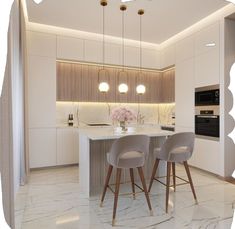 a kitchen with marble floors and white walls