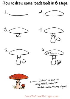 how to draw some toadstools in 6 steps step by step instructions for kids