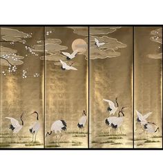 four panel screen with cranes and flowers in the water at night, on gold background