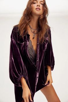 High Low Shirt Dress, Thrift Style, Long Shirt Tops, Velvet Shirt Dress, High Low Shirt, Velvet Shirt, Moda Boho, Sleeves Clothing, Bishop Sleeve