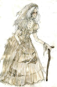 a drawing of a woman in a long dress holding an old fashioned walking stick and looking down at the ground