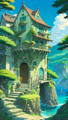 an anime house with stairs leading up to it and the ocean in front of it