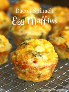 bacon spinach egg muffins on a cooling rack with the title text above it