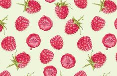 raspberries on a white background with green stems and pink berries in the middle