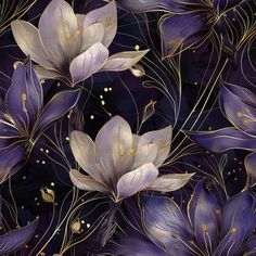 purple and gold flowers on a black background