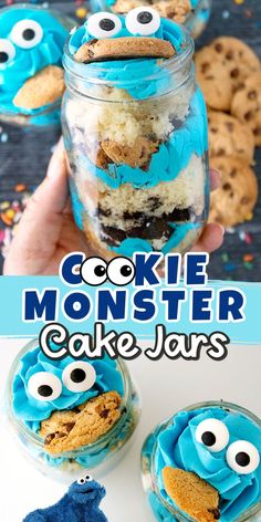 cookie monster cake jars with cookies in the background