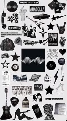 an assortment of stickers and decals on a white background with the words, music