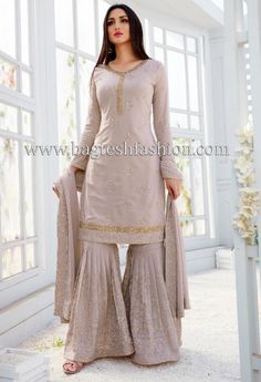 Occasional wear grey georgette with embroidery work sharara salwar kameez embellished with resham, zari, stone, sequins and patch border work. Comes with matching bottom as sharara/gharara and georgette dupatta. Grey Sharara, Pakistani Gharara, Gharara Designs, Mauve Taupe, Pakistan Clothes, Pakistani Fashion Casual, Salwar Kamiz